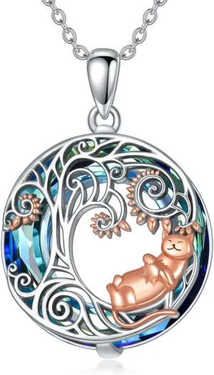 TOUPOP Cat Necklace for Women Sterling Silver Celtic Tree of Life/Stars/Crescent Moon Pendant Necklaces Birthday Jewelry Cat Gifts for Cat Lovers Girls Her Wife Mom Mother's Day