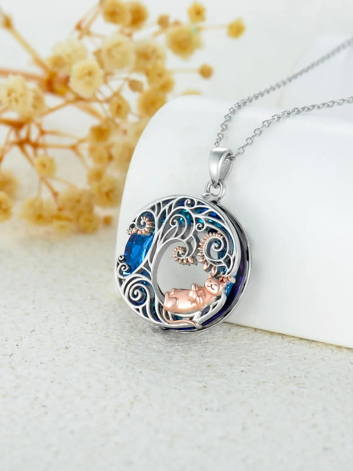 TOUPOP Cat Necklace for Women Sterling Silver Celtic Tree of Life/Stars/Crescent Moon Pendant Necklaces Birthday Jewelry Cat Gifts for Cat Lovers Girls Her Wife Mom Mother's Day