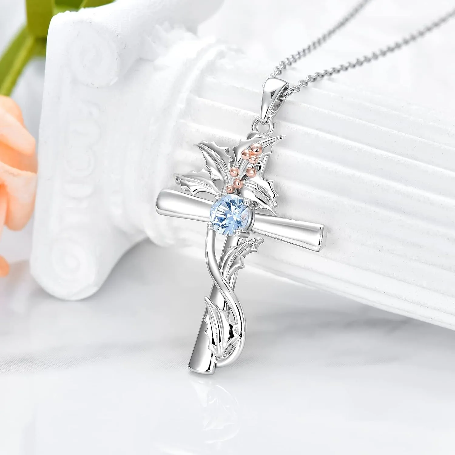 TOUPOP Cross Necklaces for Women Sterling Silver 12 Birthstone Birth Flower Pendant Necklace Jewelry Birthday Anniversary Mothers Day Christmas Gifts for Her Wife Girlfriend Mom