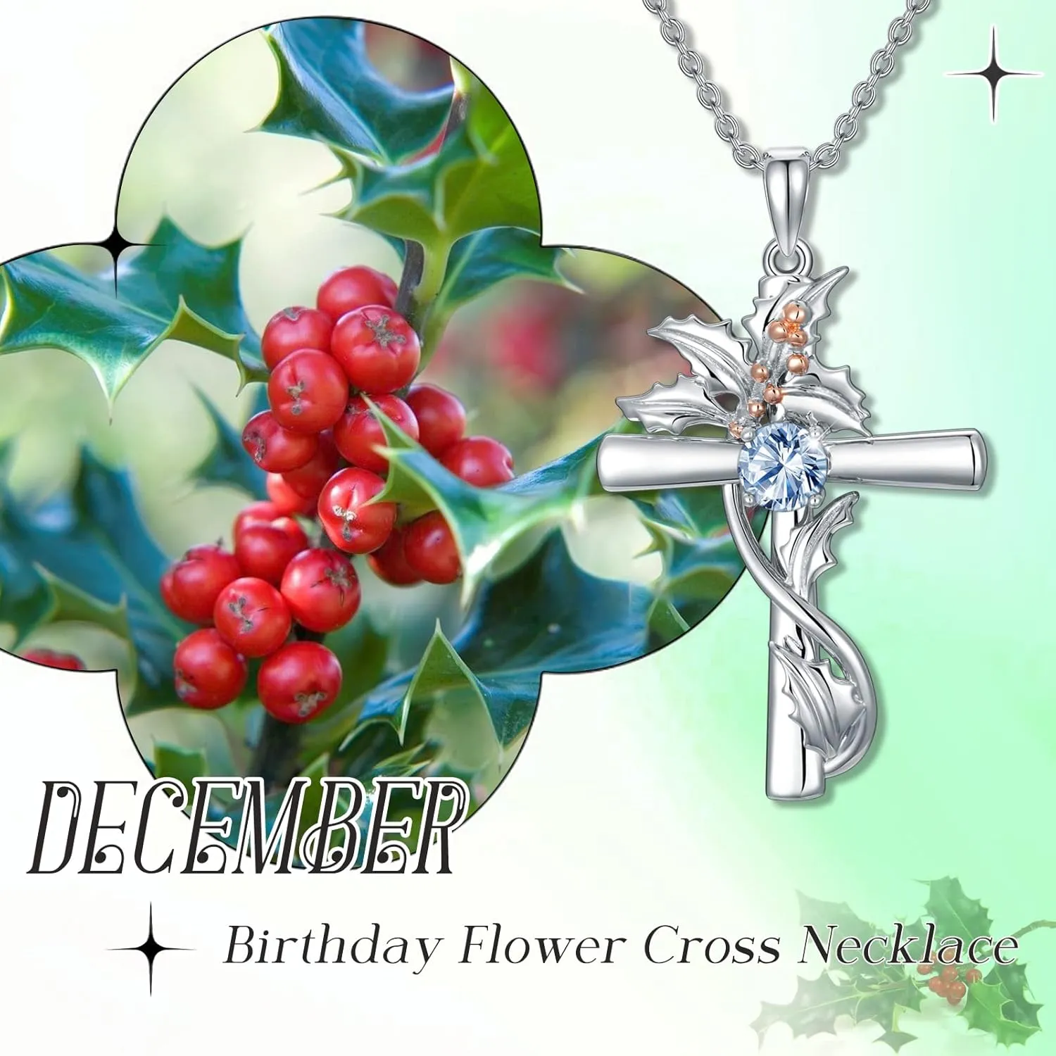 TOUPOP Cross Necklaces for Women Sterling Silver 12 Birthstone Birth Flower Pendant Necklace Jewelry Birthday Anniversary Mothers Day Christmas Gifts for Her Wife Girlfriend Mom