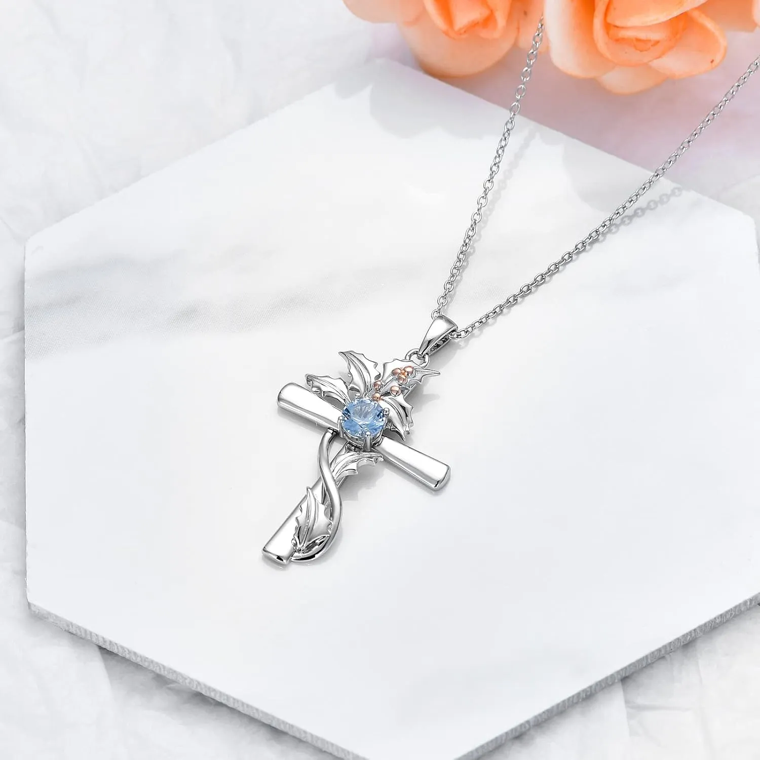TOUPOP Cross Necklaces for Women Sterling Silver 12 Birthstone Birth Flower Pendant Necklace Jewelry Birthday Anniversary Mothers Day Christmas Gifts for Her Wife Girlfriend Mom