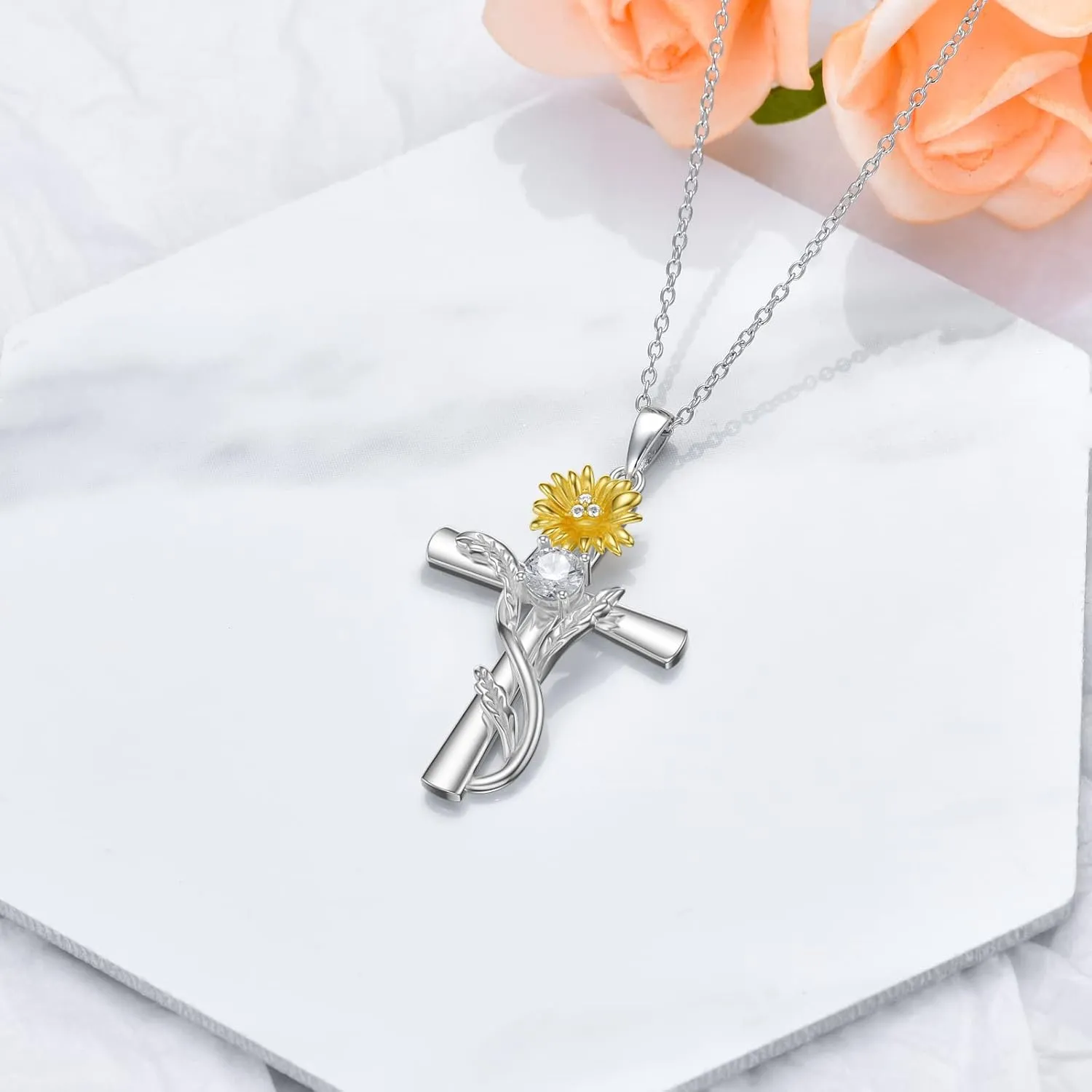 TOUPOP Cross Necklaces for Women Sterling Silver 12 Birthstone Birth Flower Pendant Necklace Jewelry Birthday Anniversary Mothers Day Christmas Gifts for Her Wife Girlfriend Mom