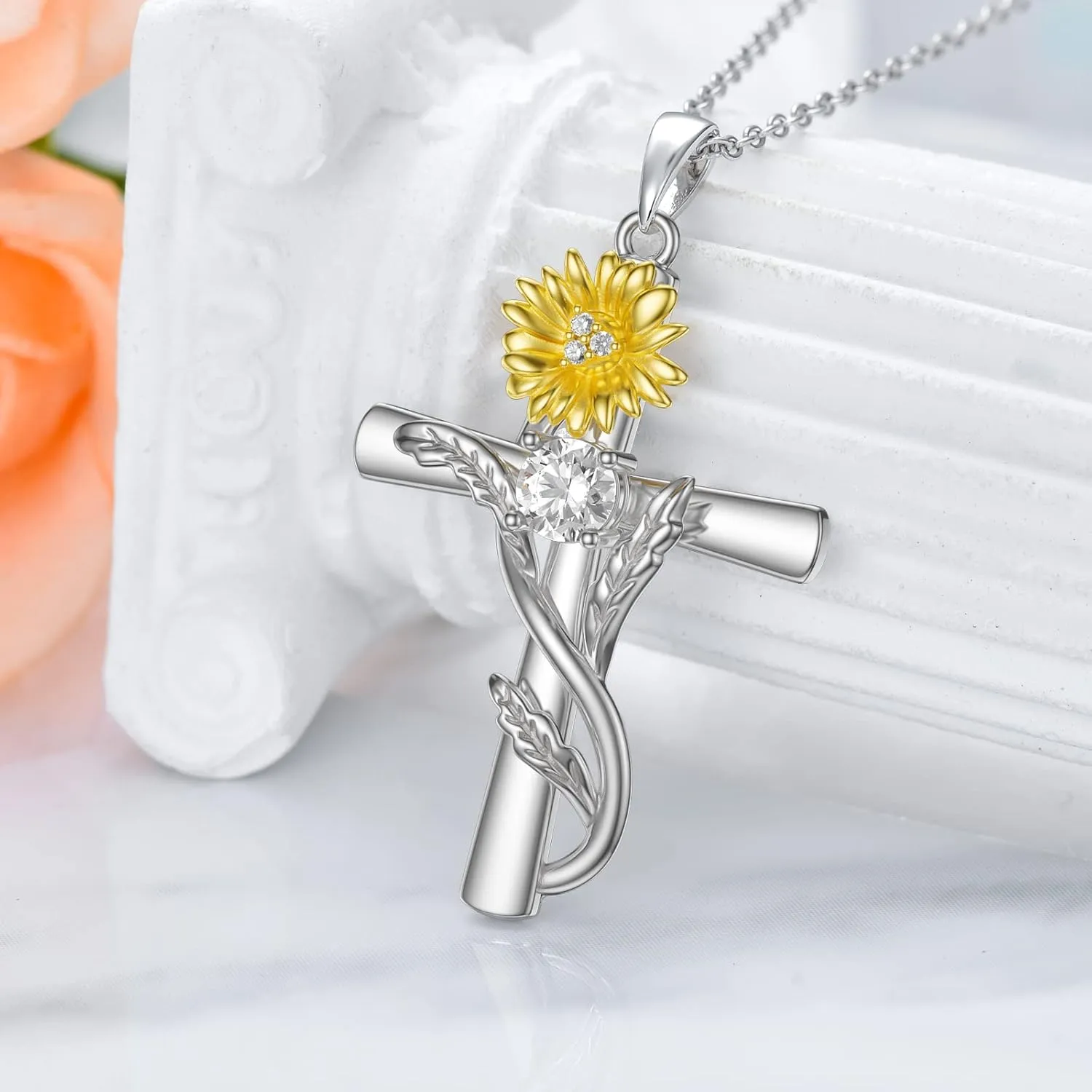 TOUPOP Cross Necklaces for Women Sterling Silver 12 Birthstone Birth Flower Pendant Necklace Jewelry Birthday Anniversary Mothers Day Christmas Gifts for Her Wife Girlfriend Mom