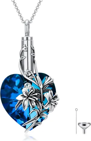 TOUPOP Lily Urn Necklace Heart Cremation Jewelry for Ashes 925 Sterling Silver Flower Pendant Necklaces with Crystal w/Funnel Filler Memorial Keepsakes Jewelry Gifts for Women Girls