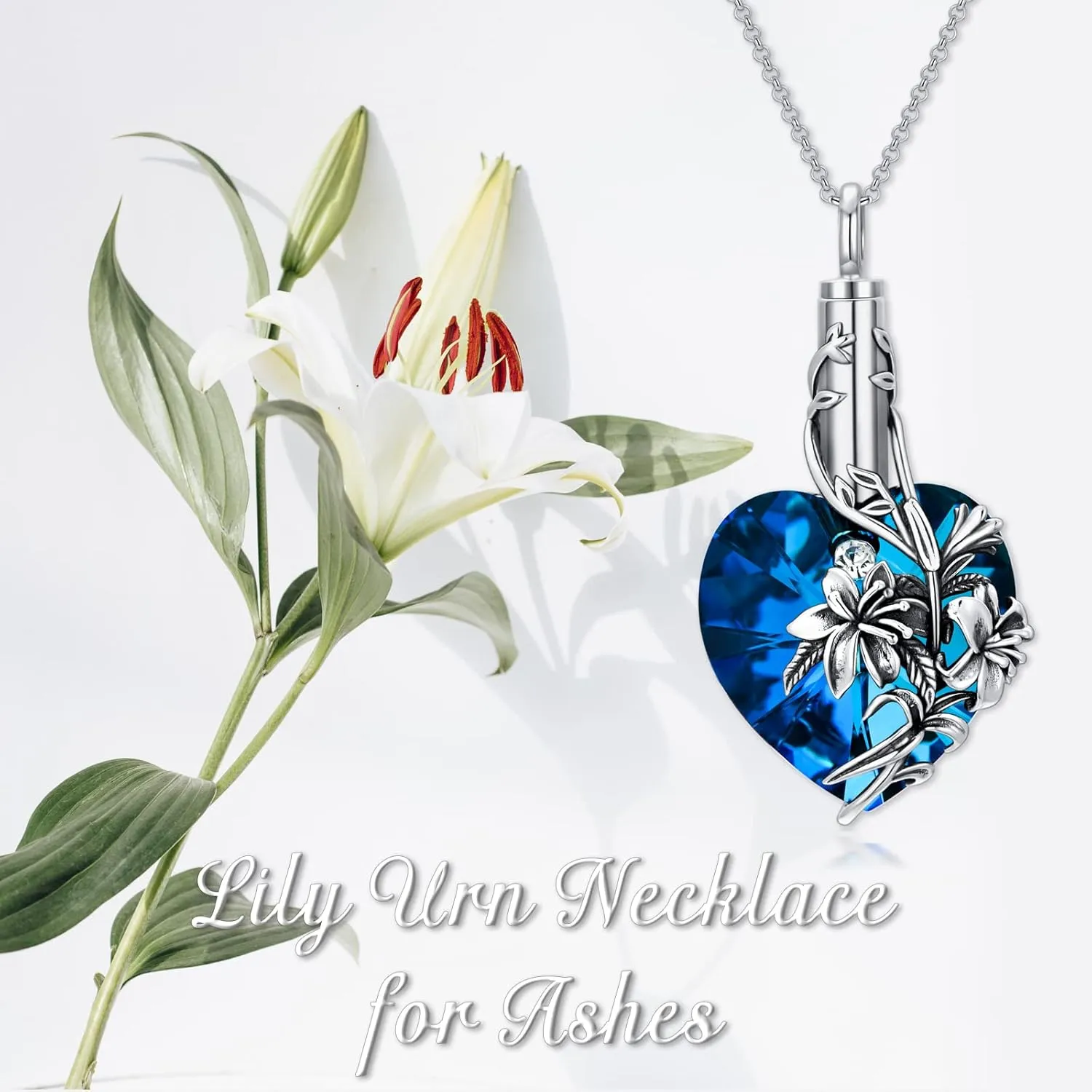 TOUPOP Lily Urn Necklace Heart Cremation Jewelry for Ashes 925 Sterling Silver Flower Pendant Necklaces with Crystal w/Funnel Filler Memorial Keepsakes Jewelry Gifts for Women Girls