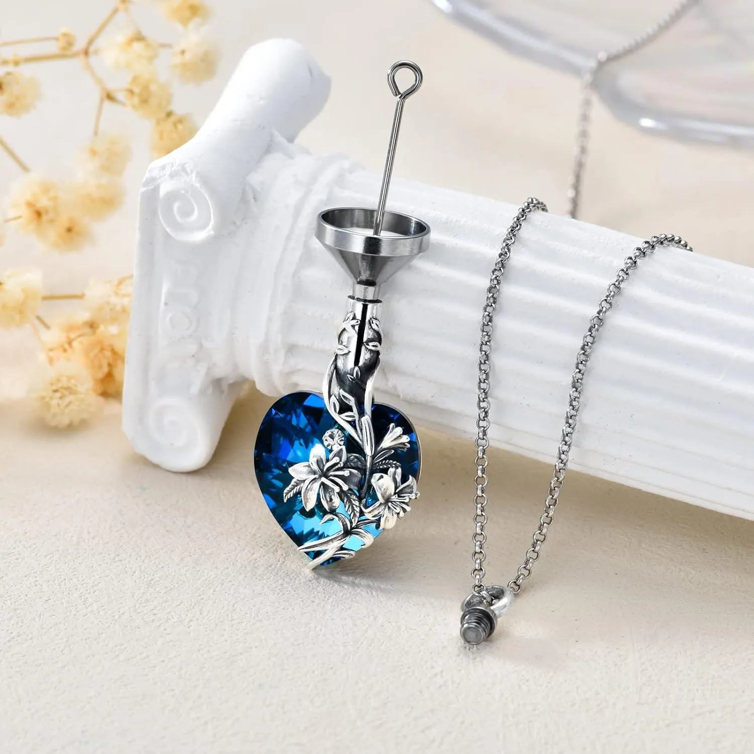 TOUPOP Lily Urn Necklace Heart Cremation Jewelry for Ashes 925 Sterling Silver Flower Pendant Necklaces with Crystal w/Funnel Filler Memorial Keepsakes Jewelry Gifts for Women Girls
