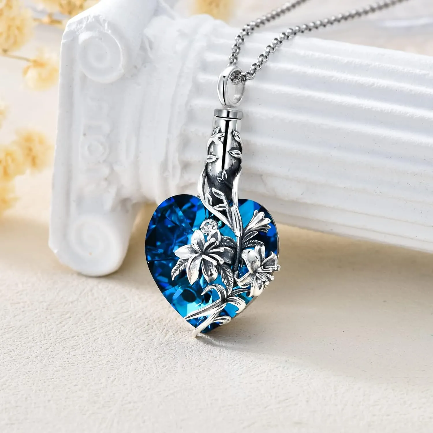 TOUPOP Lily Urn Necklace Heart Cremation Jewelry for Ashes 925 Sterling Silver Flower Pendant Necklaces with Crystal w/Funnel Filler Memorial Keepsakes Jewelry Gifts for Women Girls