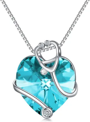 TOUPOP Nurse Stethoscope Necklaces for Women Sterling Silver Aquamarine March Birthstone Pendant Heart Crystal Jewelry Nursing Themed Birthday Nurses Week Day Gifts Doctor Medical Student RN