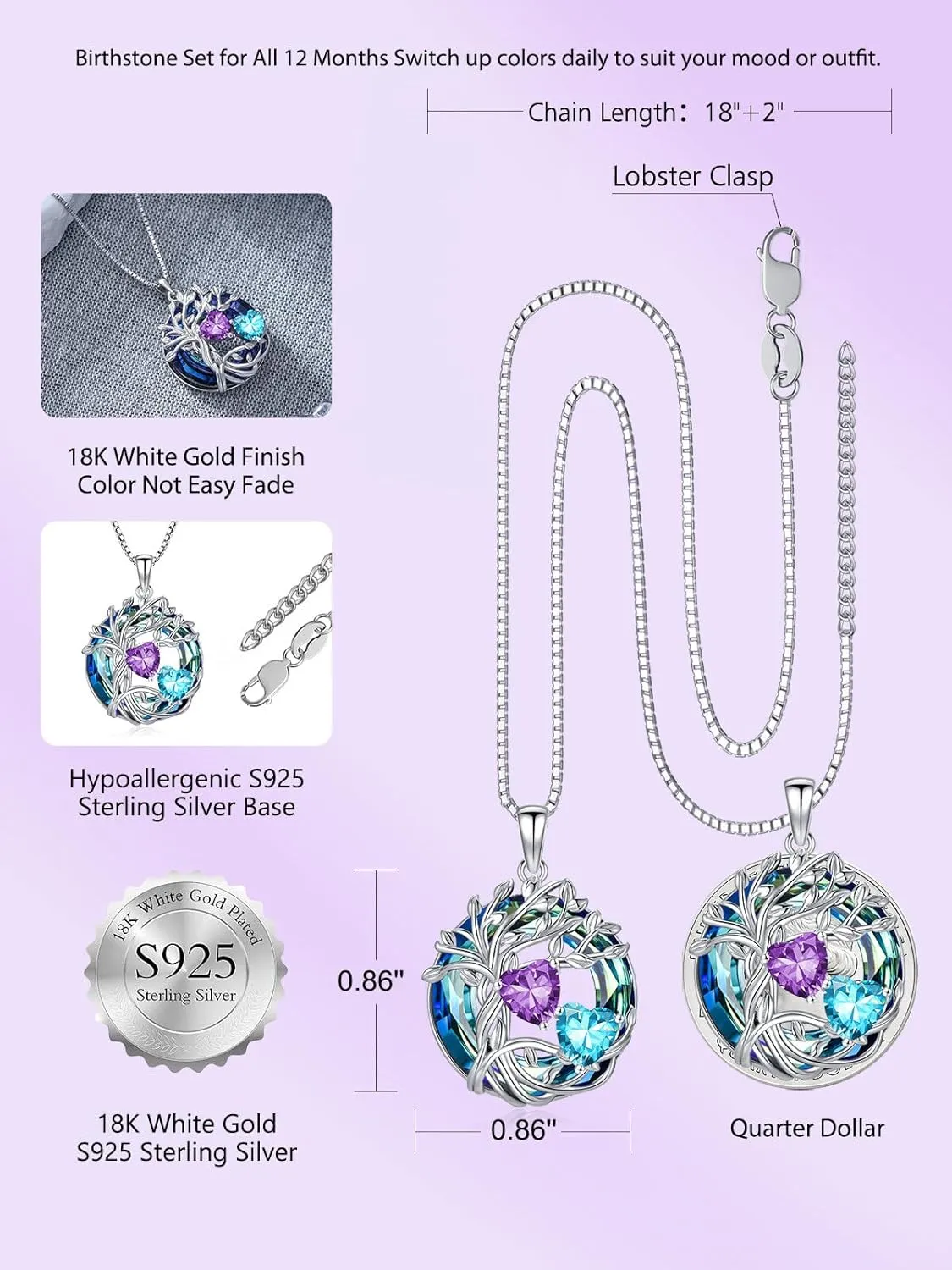TOUPOP s925 Sterling Silver Family Celtic Tree of Life Pendant Necklaces with 2 Heart Birthstone with Blue Austrian Crystal Jewelry Birthday Anniversary Christmas Gifts for Her Wife Girlfriend Mom (18K Real White Gold Filled)