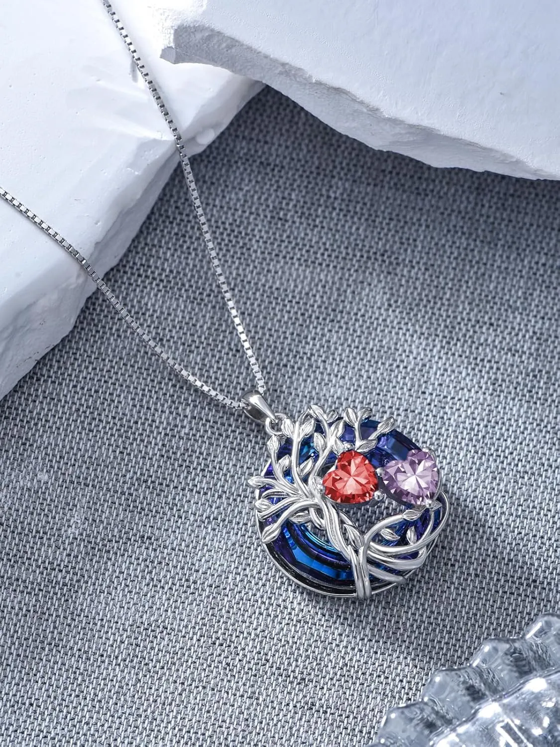 TOUPOP s925 Sterling Silver Family Celtic Tree of Life Pendant Necklaces with 2 Heart Birthstone with Blue Austrian Crystal Jewelry Birthday Anniversary Christmas Gifts for Her Wife Girlfriend Mom (18K Real White Gold Filled)
