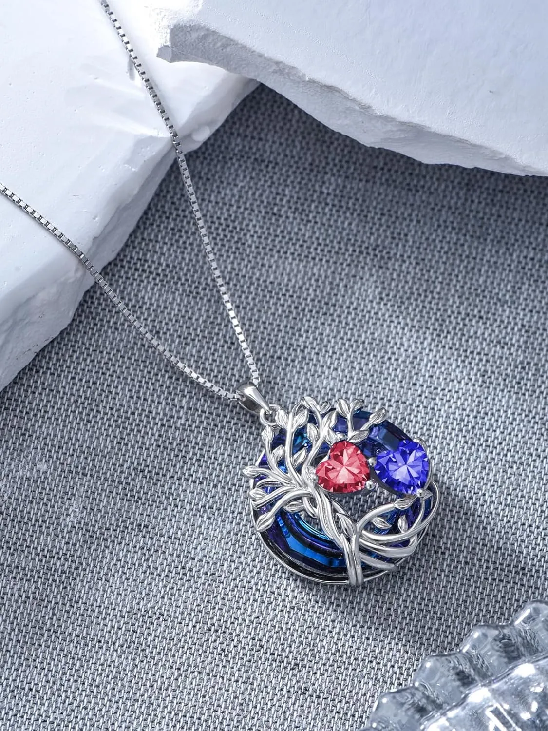 TOUPOP s925 Sterling Silver Family Celtic Tree of Life Pendant Necklaces with 2 Heart Birthstone with Blue Austrian Crystal Jewelry Birthday Anniversary Christmas Gifts for Her Wife Girlfriend Mom (18K Real White Gold Filled)