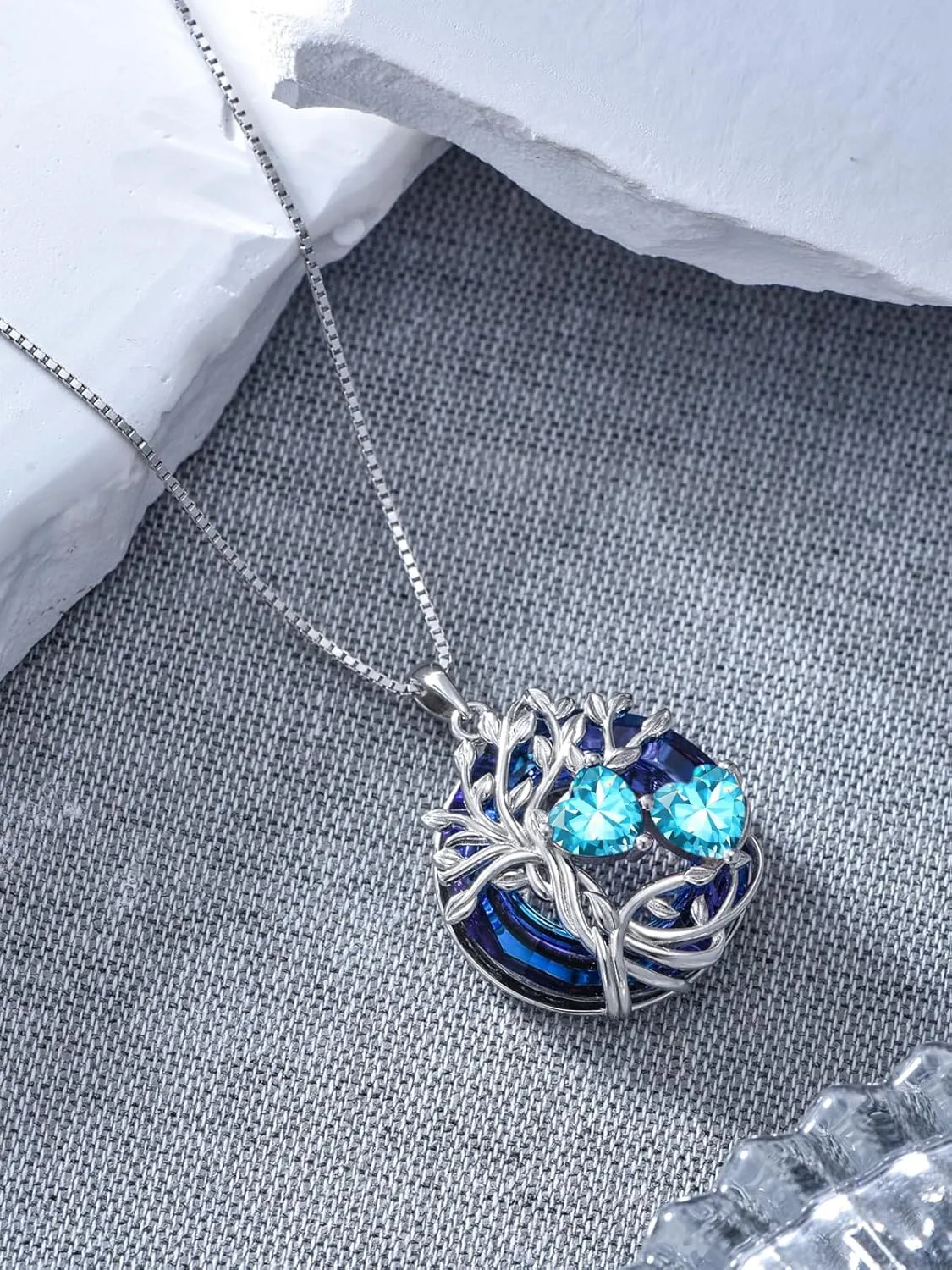 TOUPOP s925 Sterling Silver Family Celtic Tree of Life Pendant Necklaces with 2 Heart Birthstone with Blue Austrian Crystal Jewelry Birthday Anniversary Christmas Gifts for Her Wife Girlfriend Mom (18K Real White Gold Filled)