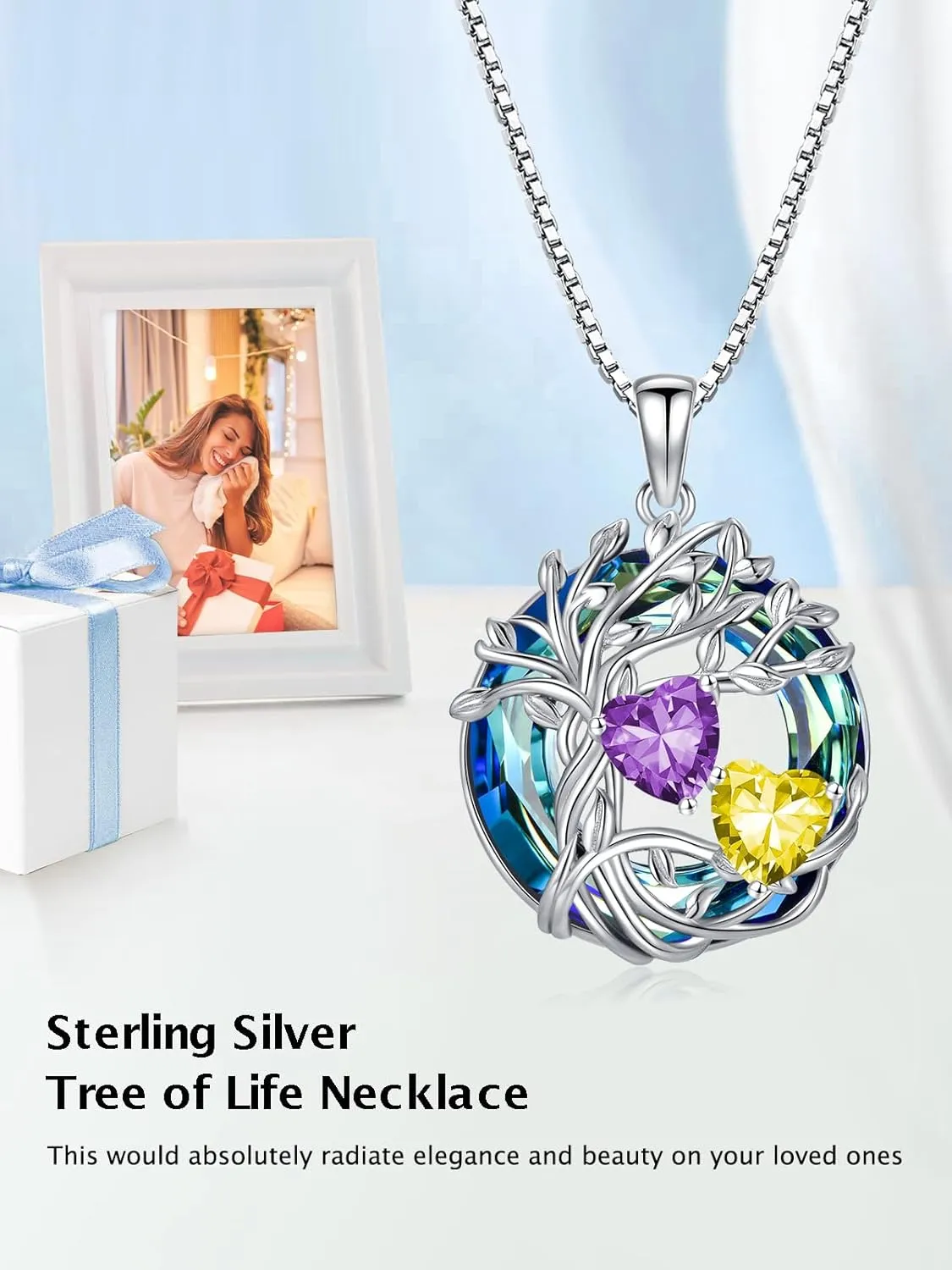 TOUPOP s925 Sterling Silver Family Celtic Tree of Life Pendant Necklaces with 2 Heart Birthstone with Blue Austrian Crystal Jewelry Birthday Anniversary Christmas Gifts for Her Wife Girlfriend Mom (18K Real White Gold Filled)