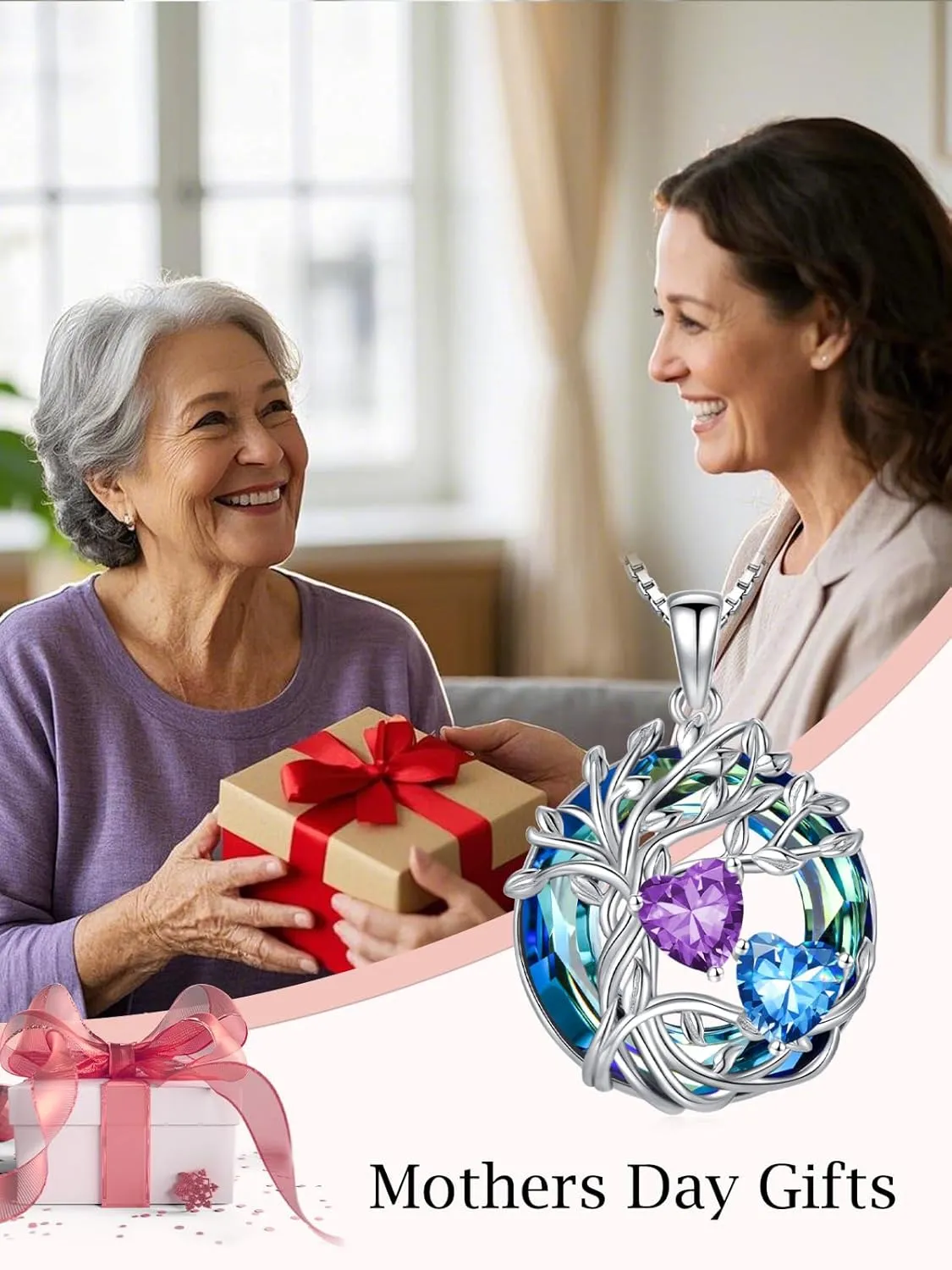 TOUPOP s925 Sterling Silver Family Celtic Tree of Life Pendant Necklaces with 2 Heart Birthstone with Blue Austrian Crystal Jewelry Birthday Anniversary Christmas Gifts for Her Wife Girlfriend Mom (18K Real White Gold Filled)