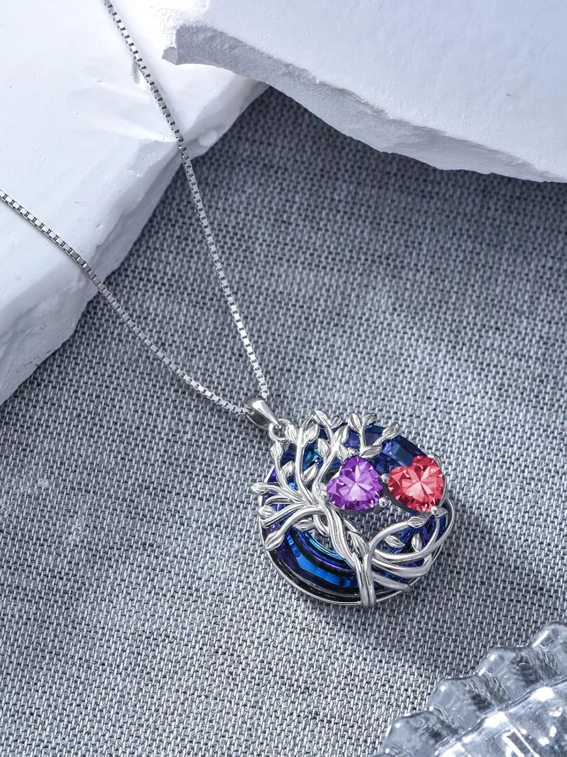 TOUPOP s925 Sterling Silver Family Celtic Tree of Life Pendant Necklaces with 2 Heart Birthstone with Blue Austrian Crystal Jewelry Birthday Anniversary Christmas Gifts for Her Wife Girlfriend Mom (18K Real White Gold Filled)