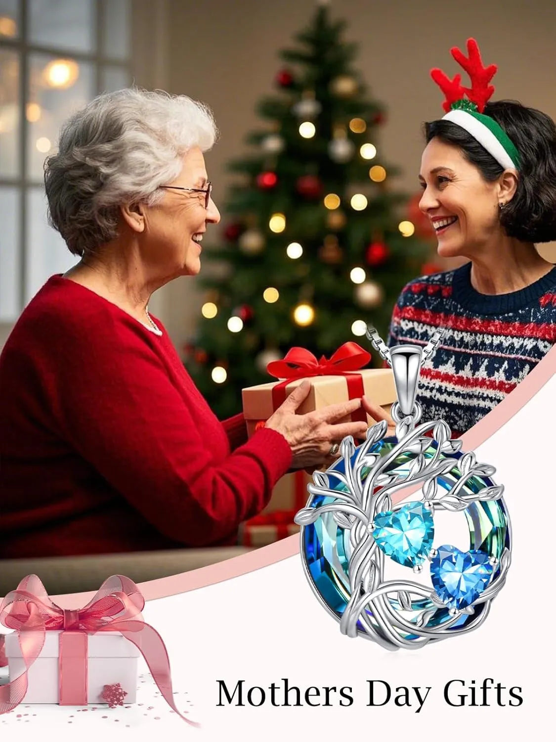 TOUPOP s925 Sterling Silver Family Celtic Tree of Life Pendant Necklaces with 2 Heart Birthstone with Blue Austrian Crystal Jewelry Birthday Anniversary Christmas Gifts for Her Wife Girlfriend Mom (18K Real White Gold Filled)