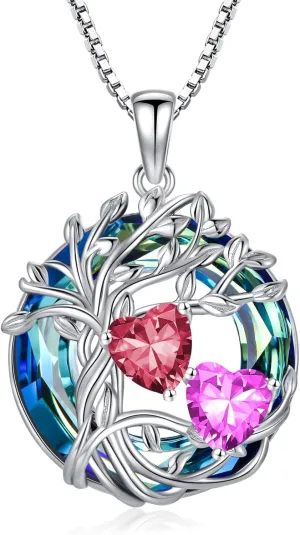 TOUPOP s925 Sterling Silver Family Celtic Tree of Life Pendant Necklaces with 2 Heart Birthstone with Blue Austrian Crystal Jewelry Birthday Anniversary Christmas Gifts for Her Wife Girlfriend Mom (18K Real White Gold Filled)