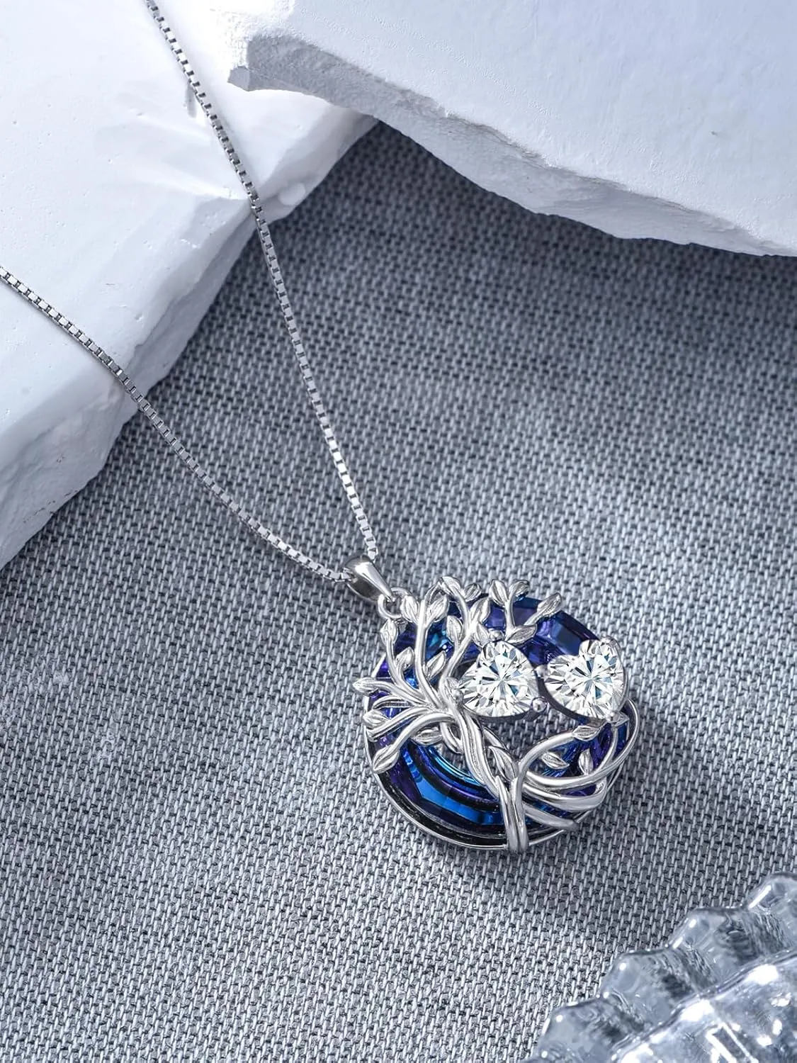 TOUPOP s925 Sterling Silver Family Celtic Tree of Life Pendant Necklaces with 2 Heart Birthstone with Blue Austrian Crystal Jewelry Birthday Anniversary Christmas Gifts for Her Wife Girlfriend Mom (18K Real White Gold Filled)