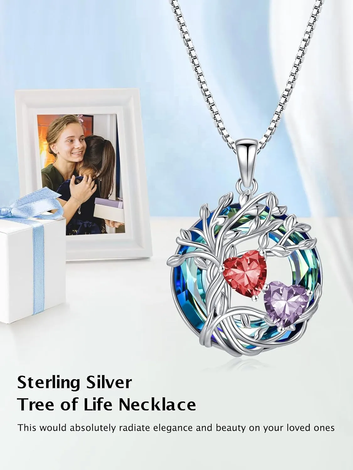 TOUPOP s925 Sterling Silver Family Celtic Tree of Life Pendant Necklaces with 2 Heart Birthstone with Blue Austrian Crystal Jewelry Birthday Anniversary Christmas Gifts for Her Wife Girlfriend Mom (18K Real White Gold Filled)