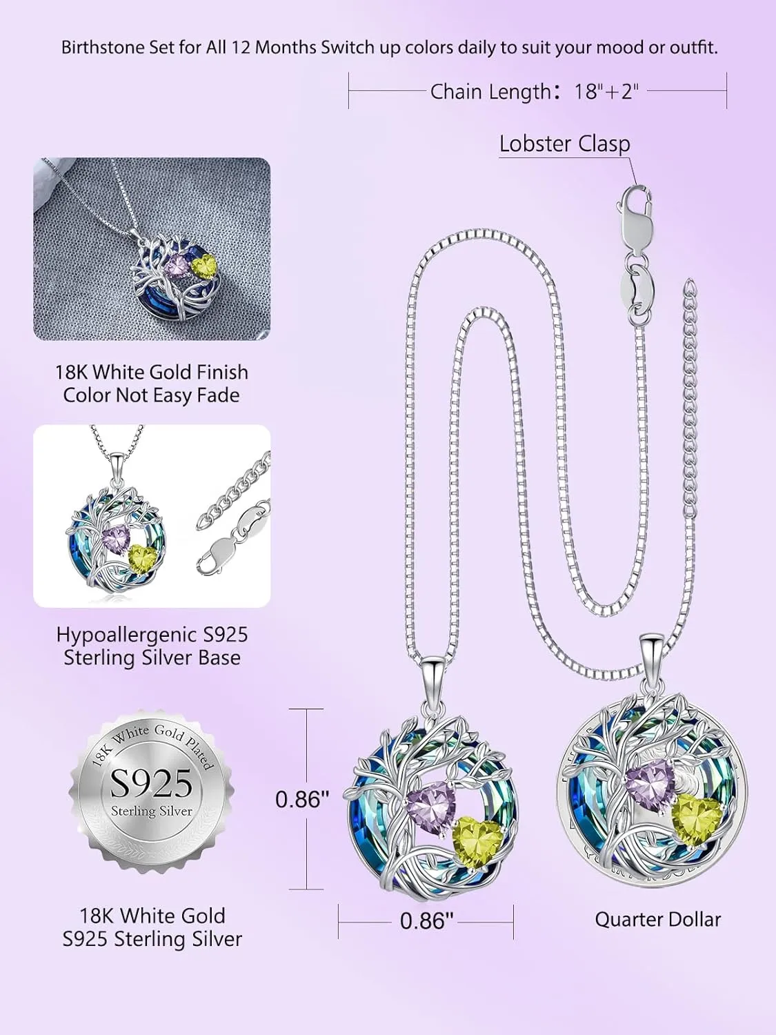 TOUPOP s925 Sterling Silver Family Celtic Tree of Life Pendant Necklaces with 2 Heart Birthstone with Blue Austrian Crystal Jewelry Birthday Anniversary Christmas Gifts for Her Wife Girlfriend Mom (18K Real White Gold Filled)