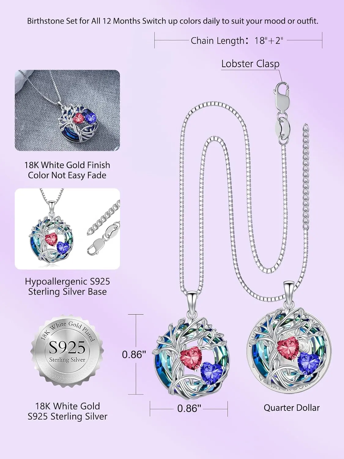 TOUPOP s925 Sterling Silver Family Celtic Tree of Life Pendant Necklaces with 2 Heart Birthstone with Blue Austrian Crystal Jewelry Birthday Anniversary Christmas Gifts for Her Wife Girlfriend Mom (18K Real White Gold Filled)