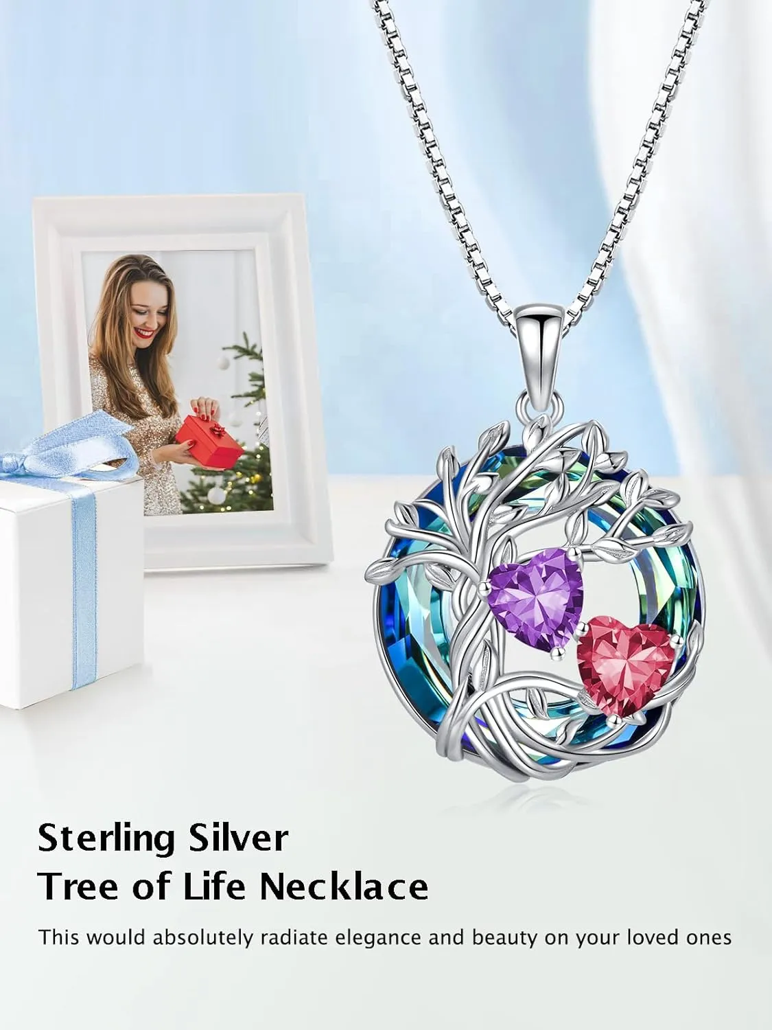 TOUPOP s925 Sterling Silver Family Celtic Tree of Life Pendant Necklaces with 2 Heart Birthstone with Blue Austrian Crystal Jewelry Birthday Anniversary Christmas Gifts for Her Wife Girlfriend Mom (18K Real White Gold Filled)