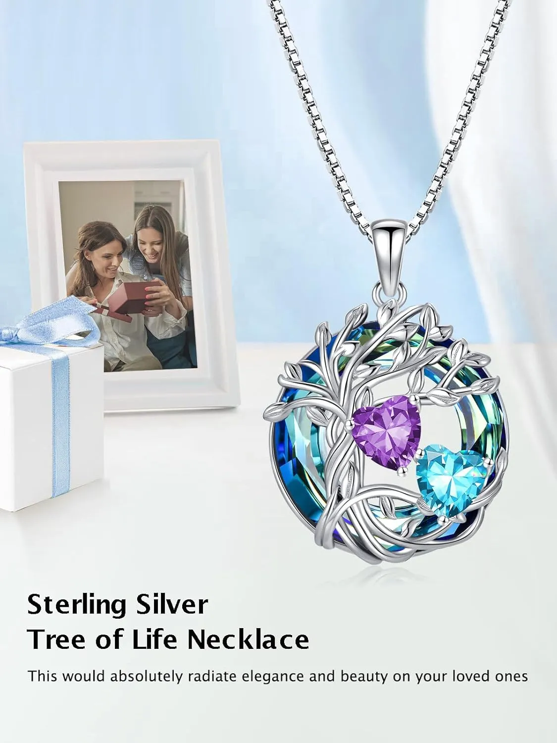 TOUPOP s925 Sterling Silver Family Celtic Tree of Life Pendant Necklaces with 2 Heart Birthstone with Blue Austrian Crystal Jewelry Birthday Anniversary Christmas Gifts for Her Wife Girlfriend Mom (18K Real White Gold Filled)