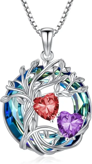 TOUPOP s925 Sterling Silver Family Celtic Tree of Life Pendant Necklaces with 2 Heart Birthstone with Blue Austrian Crystal Jewelry Birthday Anniversary Christmas Gifts for Her Wife Girlfriend Mom (18K Real White Gold Filled)