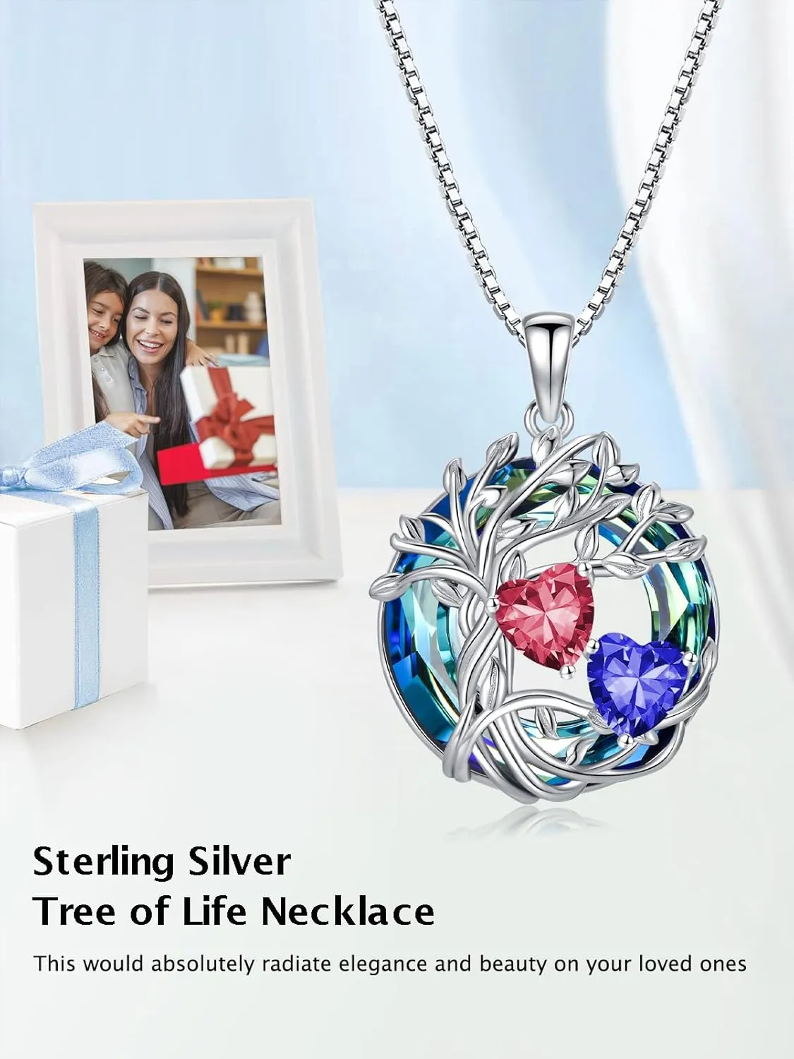 TOUPOP s925 Sterling Silver Family Celtic Tree of Life Pendant Necklaces with 2 Heart Birthstone with Blue Austrian Crystal Jewelry Birthday Anniversary Christmas Gifts for Her Wife Girlfriend Mom (18K Real White Gold Filled)
