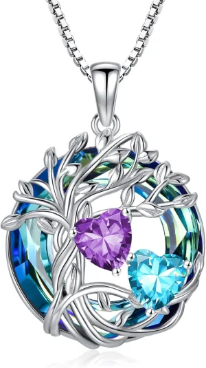 TOUPOP s925 Sterling Silver Family Celtic Tree of Life Pendant Necklaces with 2 Heart Birthstone with Blue Austrian Crystal Jewelry Birthday Anniversary Christmas Gifts for Her Wife Girlfriend Mom (18K Real White Gold Filled)