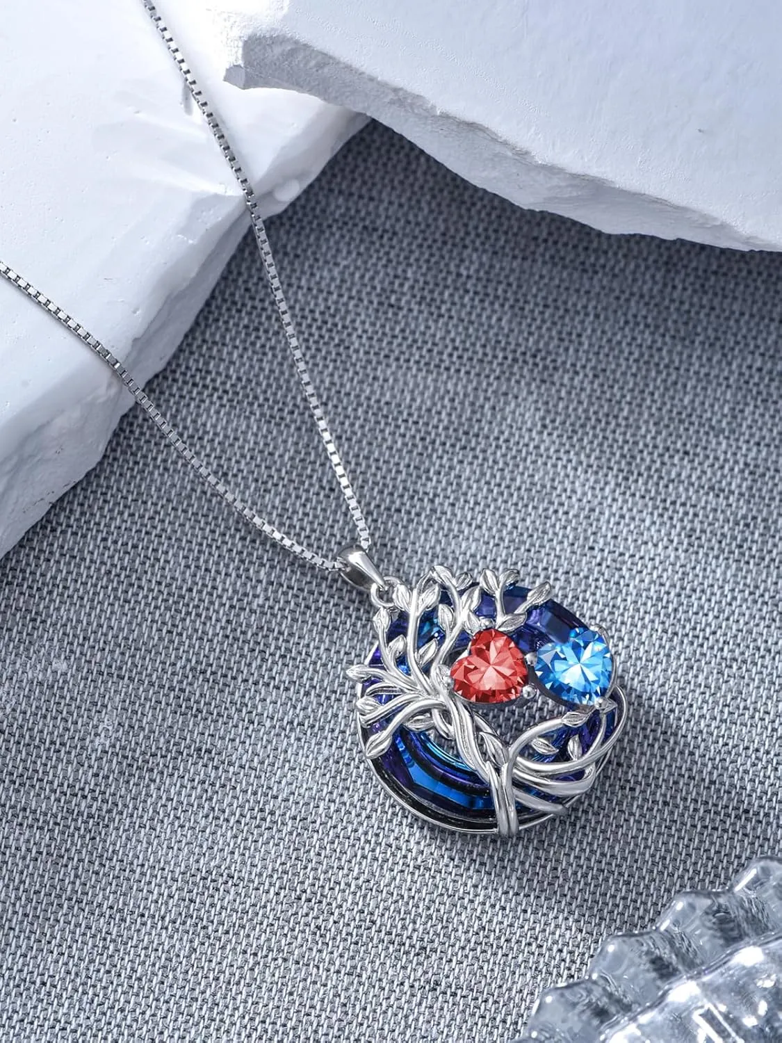 TOUPOP s925 Sterling Silver Family Celtic Tree of Life Pendant Necklaces with 2 Heart Birthstone with Blue Austrian Crystal Jewelry Birthday Anniversary Christmas Gifts for Her Wife Girlfriend Mom (18K Real White Gold Filled)