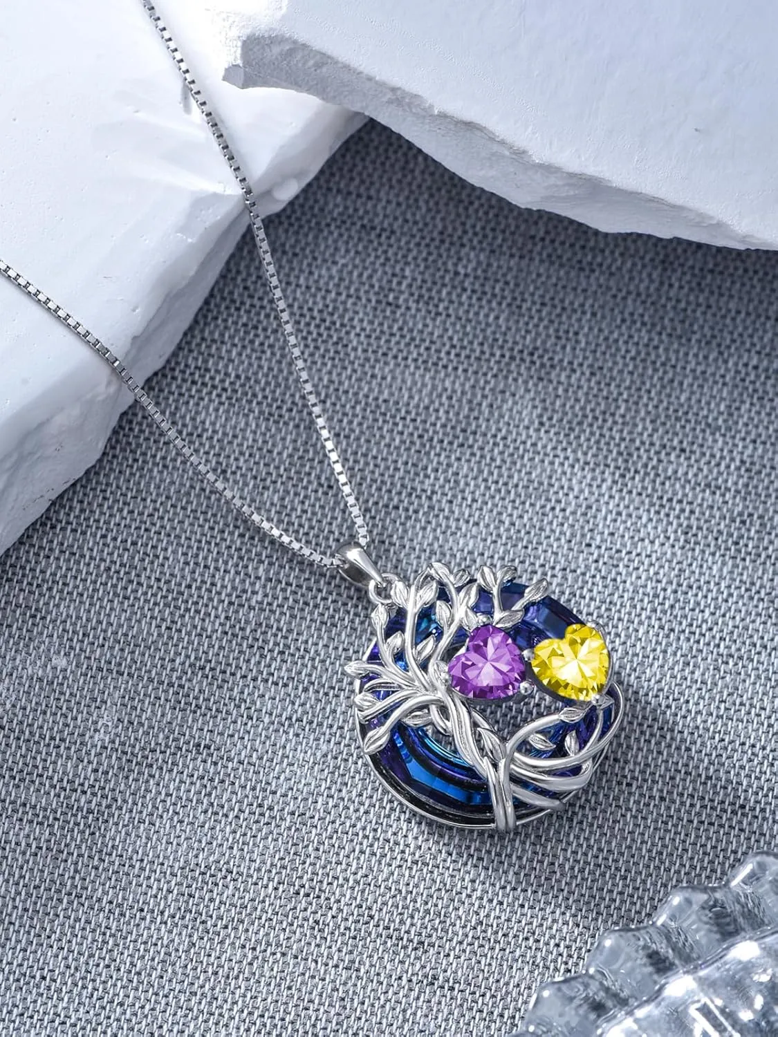 TOUPOP s925 Sterling Silver Family Celtic Tree of Life Pendant Necklaces with 2 Heart Birthstone with Blue Austrian Crystal Jewelry Birthday Anniversary Christmas Gifts for Her Wife Girlfriend Mom (18K Real White Gold Filled)
