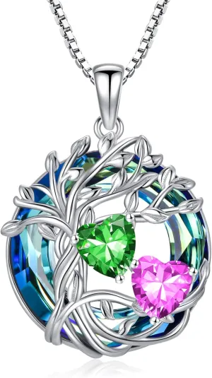 TOUPOP s925 Sterling Silver Family Celtic Tree of Life Pendant Necklaces with 2 Heart Birthstone with Blue Austrian Crystal Jewelry Birthday Anniversary Christmas Gifts for Her Wife Girlfriend Mom (18K Real White Gold Filled)