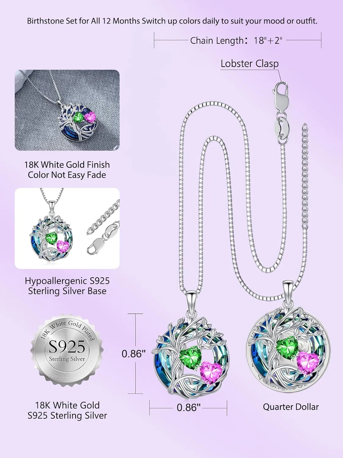 TOUPOP s925 Sterling Silver Family Celtic Tree of Life Pendant Necklaces with 2 Heart Birthstone with Blue Austrian Crystal Jewelry Birthday Anniversary Christmas Gifts for Her Wife Girlfriend Mom (18K Real White Gold Filled)