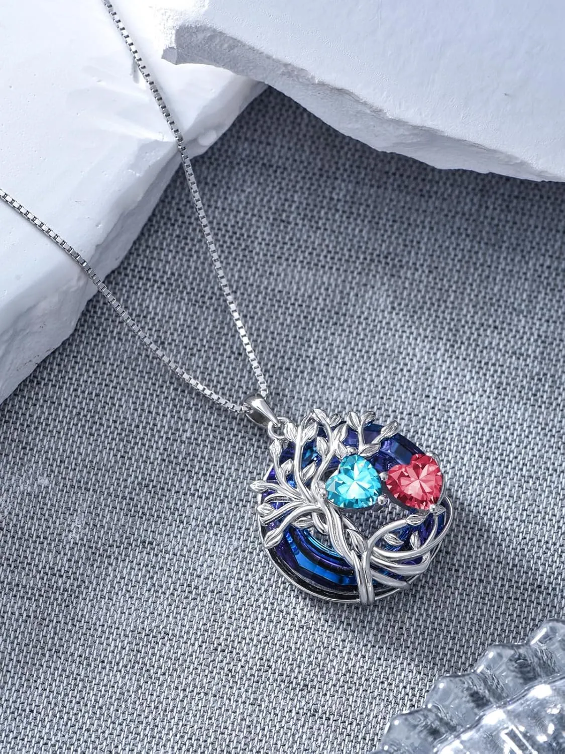 TOUPOP s925 Sterling Silver Family Celtic Tree of Life Pendant Necklaces with 2 Heart Birthstone with Blue Austrian Crystal Jewelry Birthday Anniversary Christmas Gifts for Her Wife Girlfriend Mom (18K Real White Gold Filled)