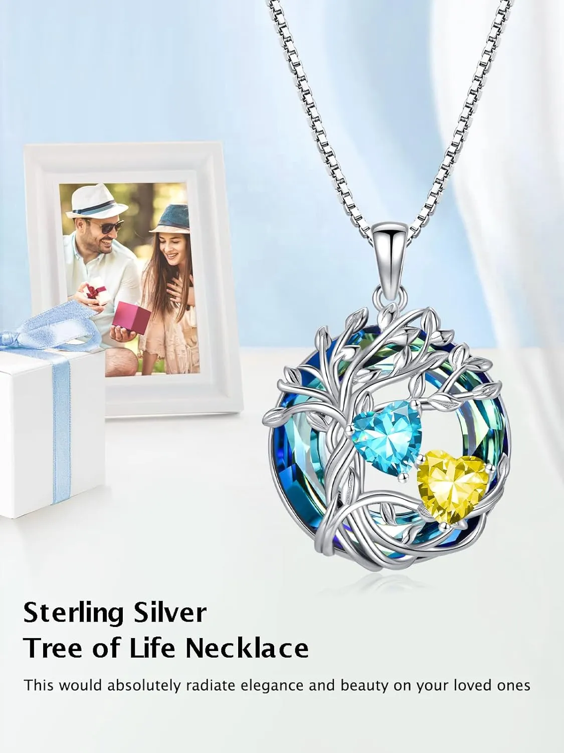 TOUPOP s925 Sterling Silver Family Celtic Tree of Life Pendant Necklaces with 2 Heart Birthstone with Blue Austrian Crystal Jewelry Birthday Anniversary Christmas Gifts for Her Wife Girlfriend Mom (18K Real White Gold Filled)