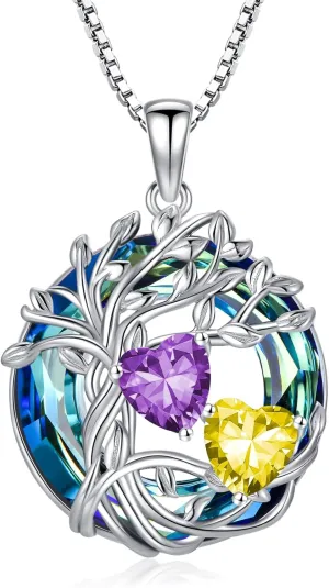 TOUPOP s925 Sterling Silver Family Celtic Tree of Life Pendant Necklaces with 2 Heart Birthstone with Blue Austrian Crystal Jewelry Birthday Anniversary Christmas Gifts for Her Wife Girlfriend Mom (18K Real White Gold Filled)