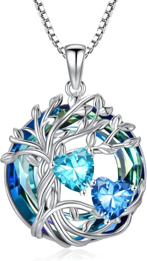 TOUPOP s925 Sterling Silver Family Celtic Tree of Life Pendant Necklaces with 2 Heart Birthstone with Blue Austrian Crystal Jewelry Birthday Anniversary Christmas Gifts for Her Wife Girlfriend Mom (18K Real White Gold Filled)