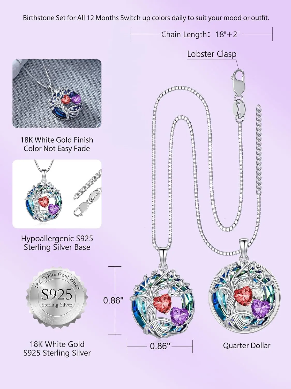 TOUPOP s925 Sterling Silver Family Celtic Tree of Life Pendant Necklaces with 2 Heart Birthstone with Blue Austrian Crystal Jewelry Birthday Anniversary Christmas Gifts for Her Wife Girlfriend Mom (18K Real White Gold Filled)