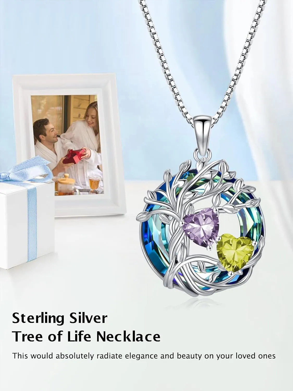 TOUPOP s925 Sterling Silver Family Celtic Tree of Life Pendant Necklaces with 2 Heart Birthstone with Blue Austrian Crystal Jewelry Birthday Anniversary Christmas Gifts for Her Wife Girlfriend Mom (18K Real White Gold Filled)