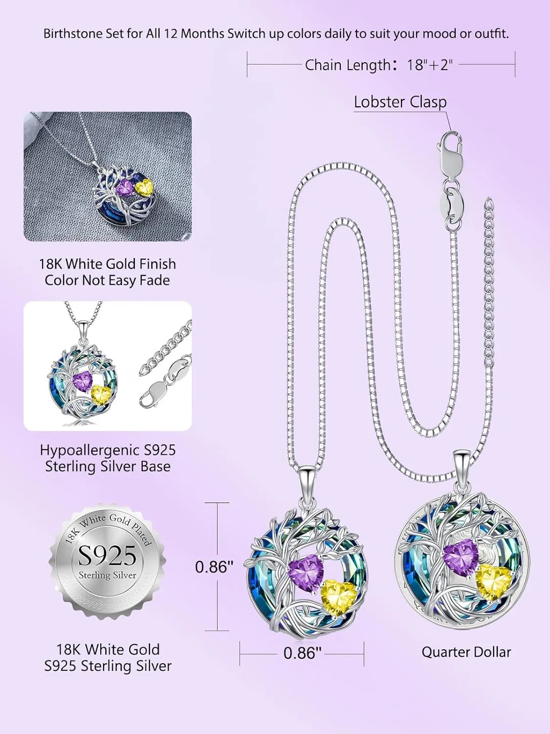 TOUPOP s925 Sterling Silver Family Celtic Tree of Life Pendant Necklaces with 2 Heart Birthstone with Blue Austrian Crystal Jewelry Birthday Anniversary Christmas Gifts for Her Wife Girlfriend Mom (18K Real White Gold Filled)