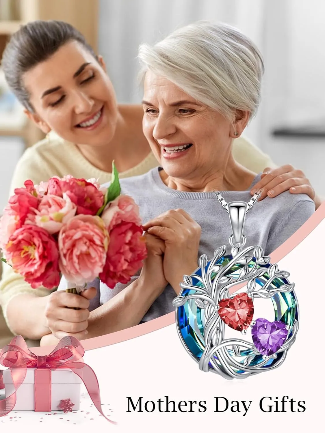 TOUPOP s925 Sterling Silver Family Celtic Tree of Life Pendant Necklaces with 2 Heart Birthstone with Blue Austrian Crystal Jewelry Birthday Anniversary Christmas Gifts for Her Wife Girlfriend Mom (18K Real White Gold Filled)