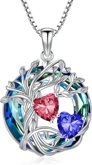 TOUPOP s925 Sterling Silver Family Celtic Tree of Life Pendant Necklaces with 2 Heart Birthstone with Blue Austrian Crystal Jewelry Birthday Anniversary Christmas Gifts for Her Wife Girlfriend Mom (18K Real White Gold Filled)