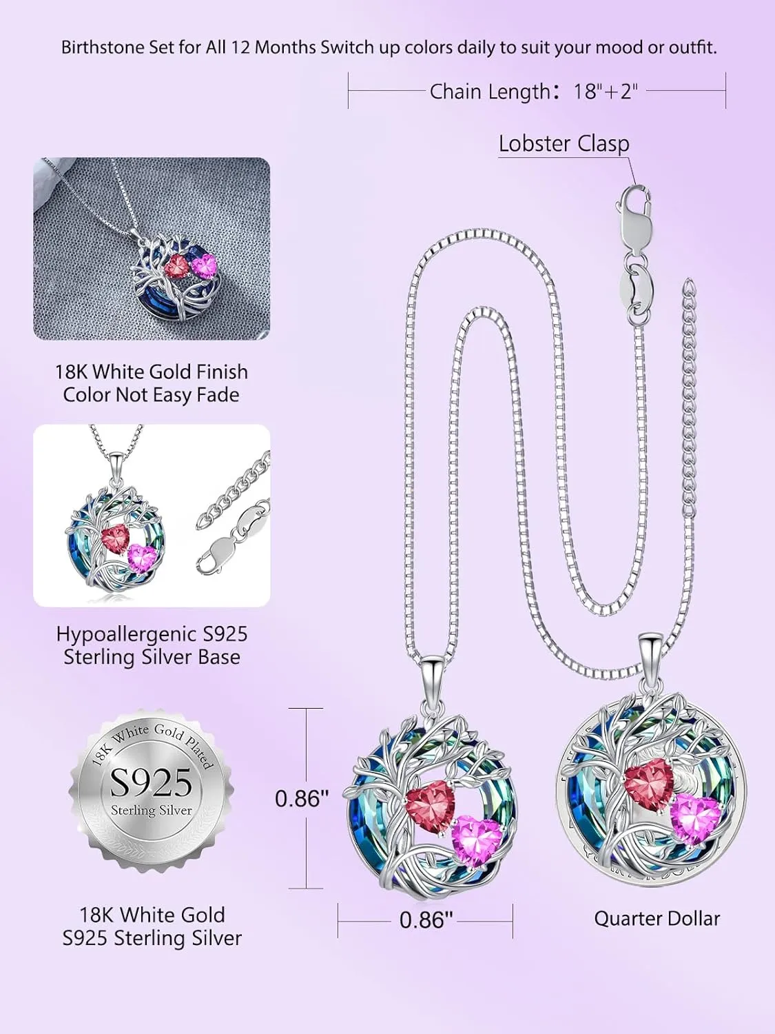TOUPOP s925 Sterling Silver Family Celtic Tree of Life Pendant Necklaces with 2 Heart Birthstone with Blue Austrian Crystal Jewelry Birthday Anniversary Christmas Gifts for Her Wife Girlfriend Mom (18K Real White Gold Filled)