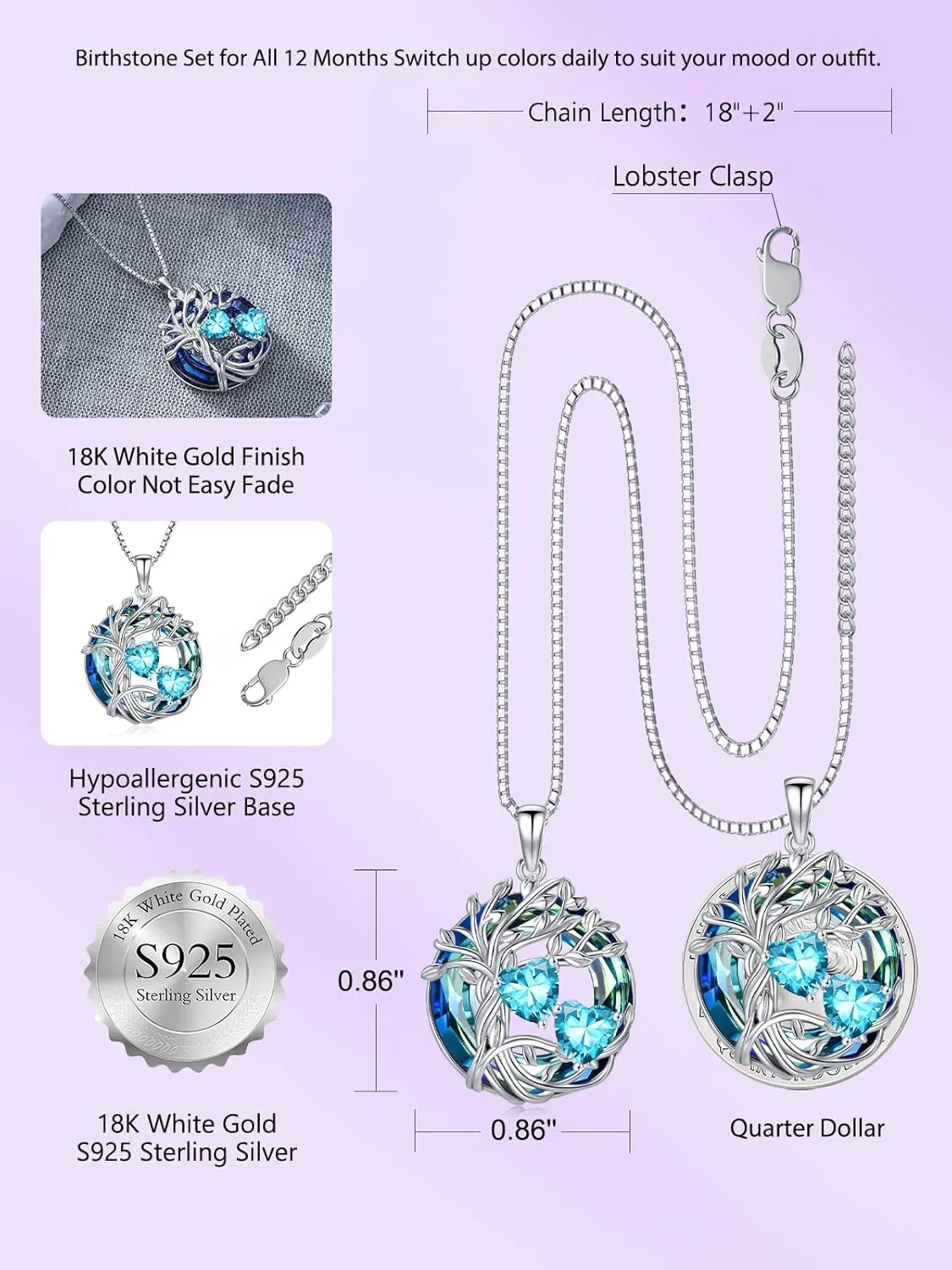 TOUPOP s925 Sterling Silver Family Celtic Tree of Life Pendant Necklaces with 2 Heart Birthstone with Blue Austrian Crystal Jewelry Birthday Anniversary Christmas Gifts for Her Wife Girlfriend Mom (18K Real White Gold Filled)