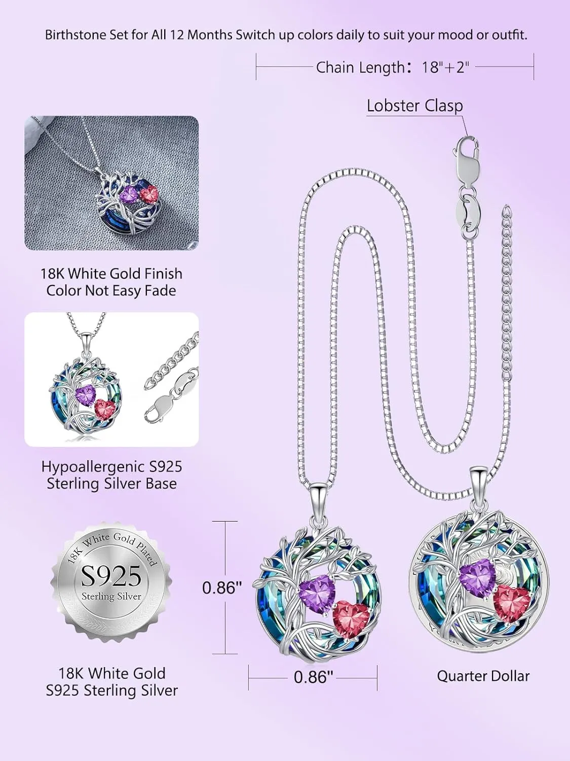 TOUPOP s925 Sterling Silver Family Celtic Tree of Life Pendant Necklaces with 2 Heart Birthstone with Blue Austrian Crystal Jewelry Birthday Anniversary Christmas Gifts for Her Wife Girlfriend Mom (18K Real White Gold Filled)