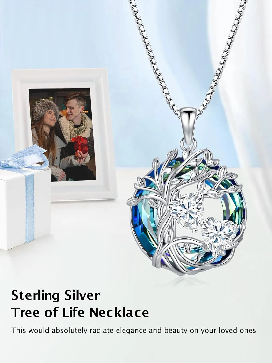 TOUPOP s925 Sterling Silver Family Celtic Tree of Life Pendant Necklaces with 2 Heart Birthstone with Blue Austrian Crystal Jewelry Birthday Anniversary Christmas Gifts for Her Wife Girlfriend Mom (18K Real White Gold Filled)