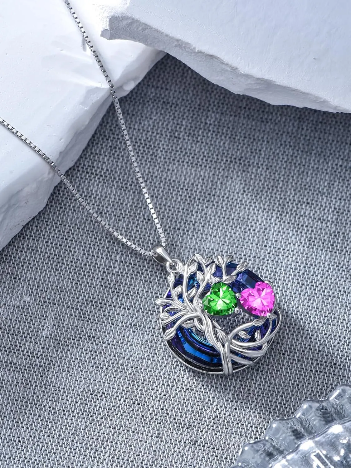 TOUPOP s925 Sterling Silver Family Celtic Tree of Life Pendant Necklaces with 2 Heart Birthstone with Blue Austrian Crystal Jewelry Birthday Anniversary Christmas Gifts for Her Wife Girlfriend Mom (18K Real White Gold Filled)