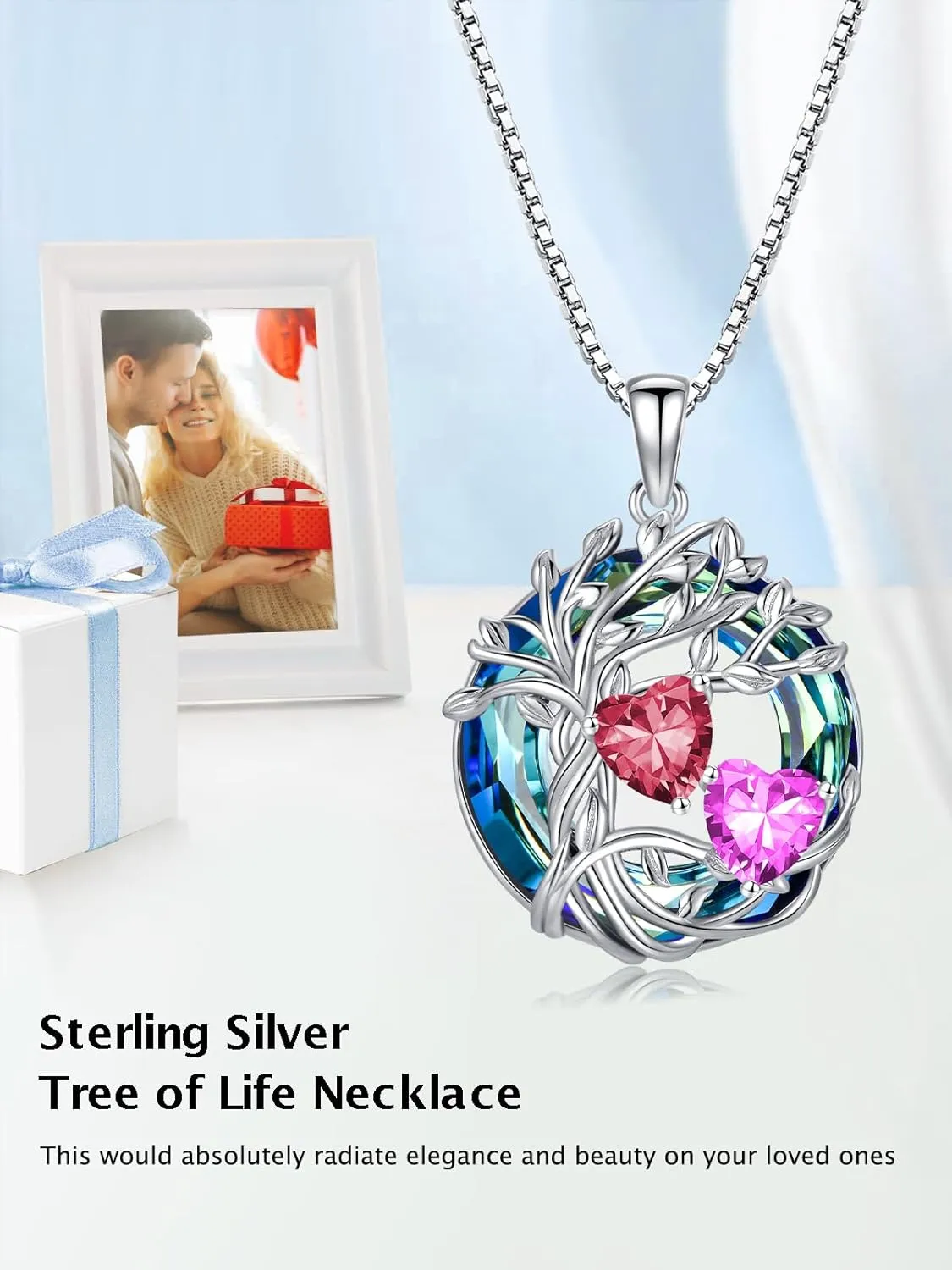 TOUPOP s925 Sterling Silver Family Celtic Tree of Life Pendant Necklaces with 2 Heart Birthstone with Blue Austrian Crystal Jewelry Birthday Anniversary Christmas Gifts for Her Wife Girlfriend Mom (18K Real White Gold Filled)