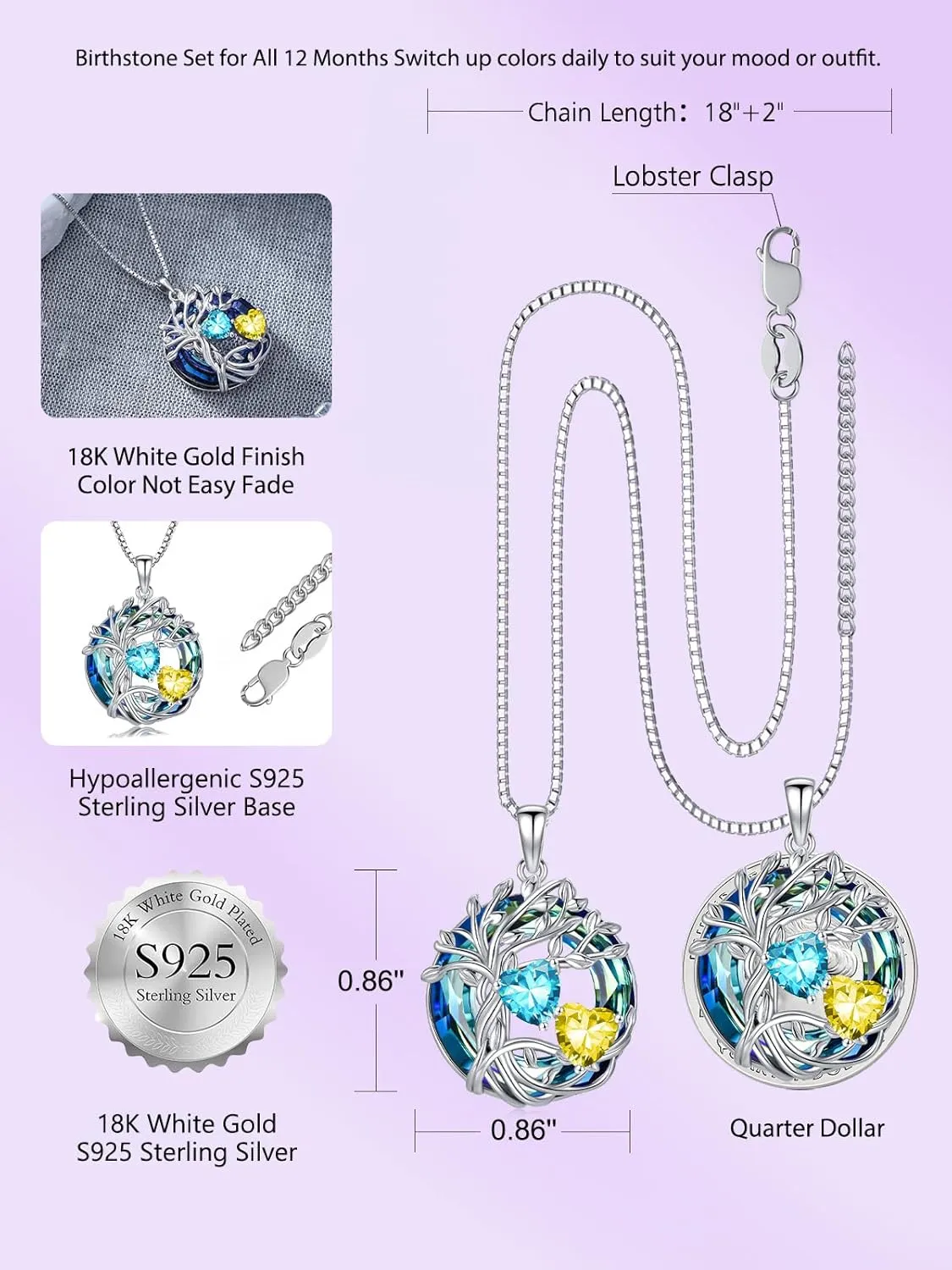 TOUPOP s925 Sterling Silver Family Celtic Tree of Life Pendant Necklaces with 2 Heart Birthstone with Blue Austrian Crystal Jewelry Birthday Anniversary Christmas Gifts for Her Wife Girlfriend Mom (18K Real White Gold Filled)
